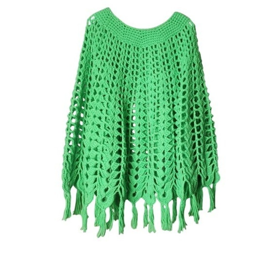Handmade Crochet Poncho Boho Hippie Festival Cottage Fringe Shawl Green OS